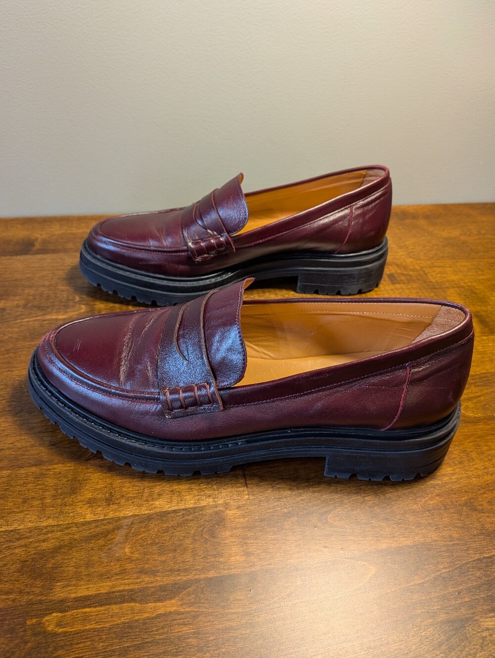 Sézane Albane Loafers Glossy Burgundy Leather Thick Lug Sole Shoes EU 39 US 8 - Picture 9 of 16